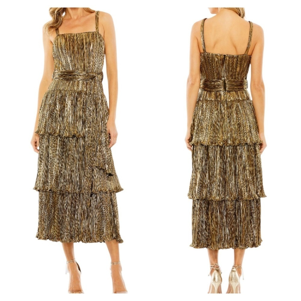 Ieena for Mac Duggal Gold Metallic Plissé Tiered Midi Dress Size 14 NWT